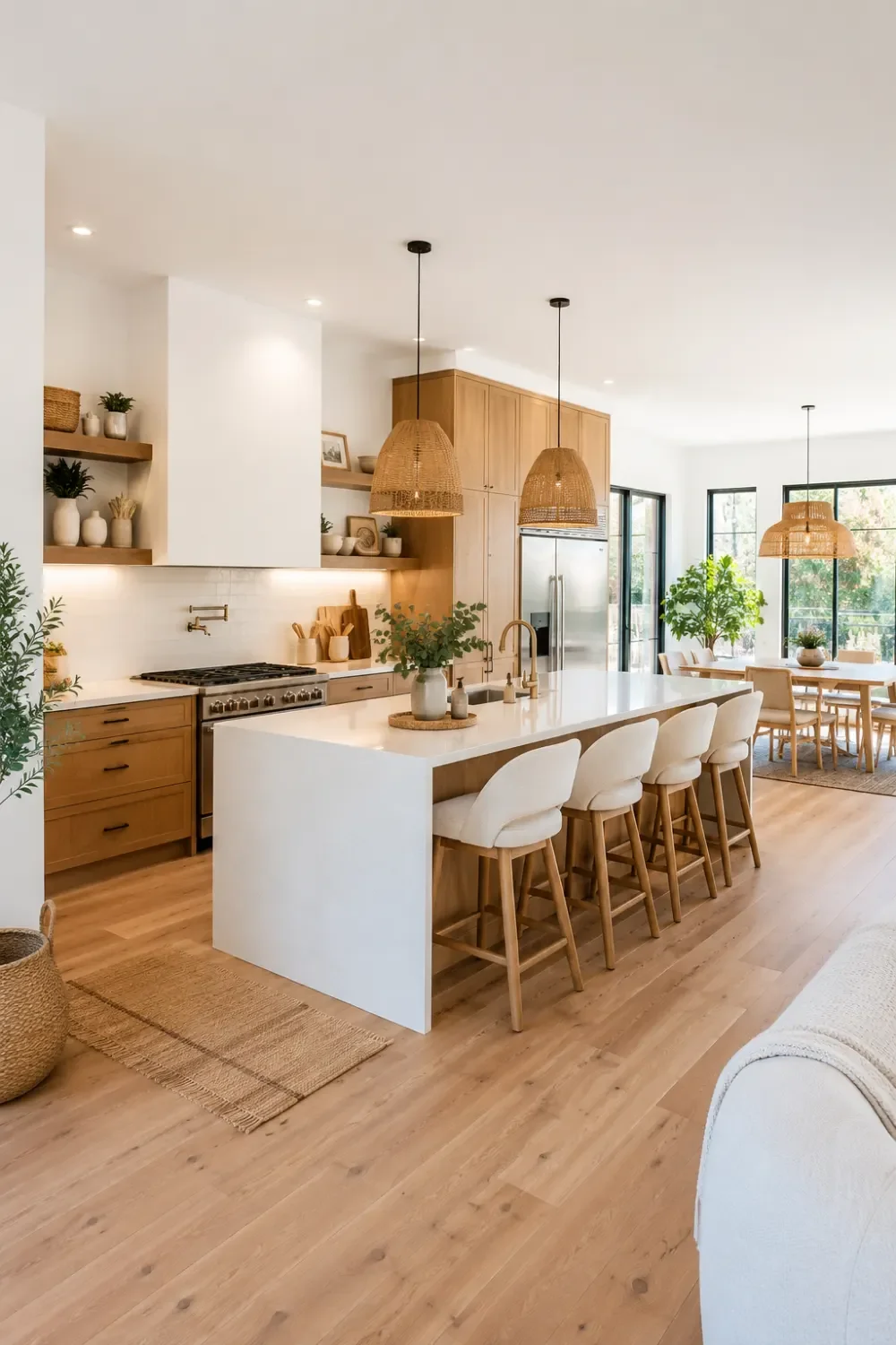 Modern kitchen with white stone waterfall island and custom countertops by Supreme Stone in Houston, TX