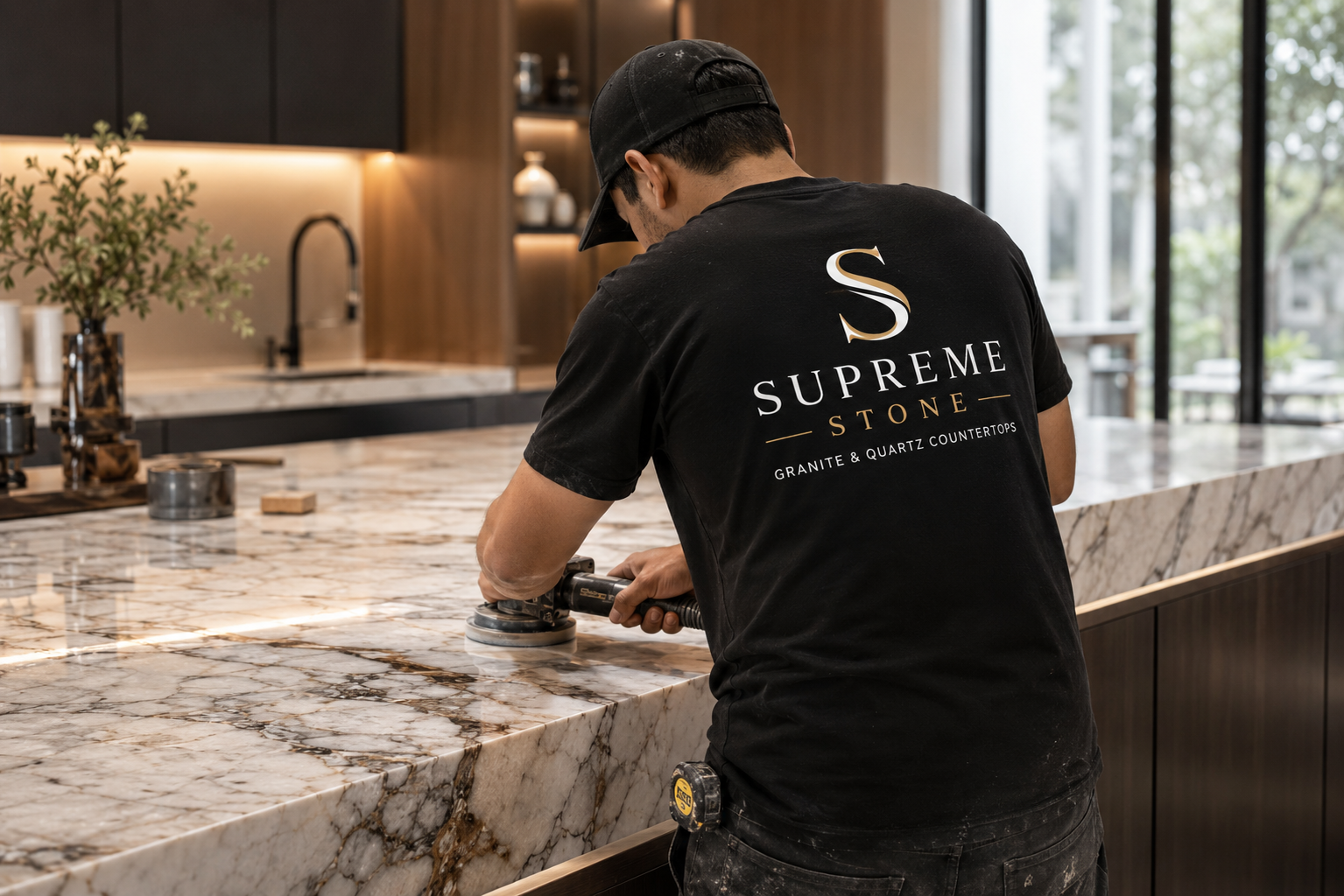 Supreme Stone fabricator polishing a custom natural stone countertop in Houston, TX.