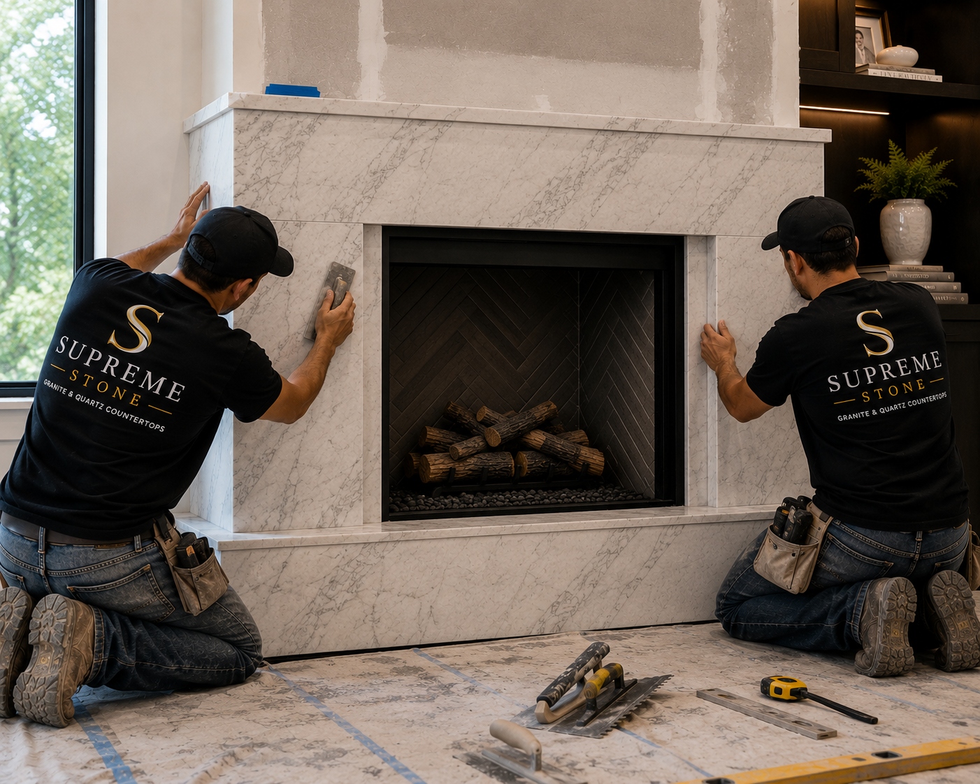 Supreme Stone installers fitting a custom marble fireplace surround in a Houston home.