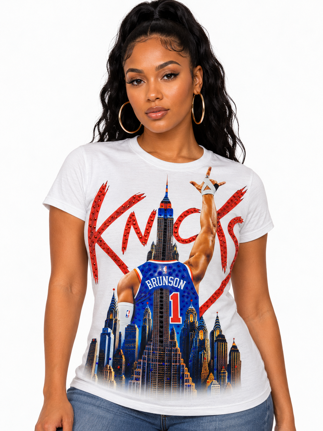 NY STAND UP - KNICKS (WOMEN'S T-SHIRT) With Rhinestones