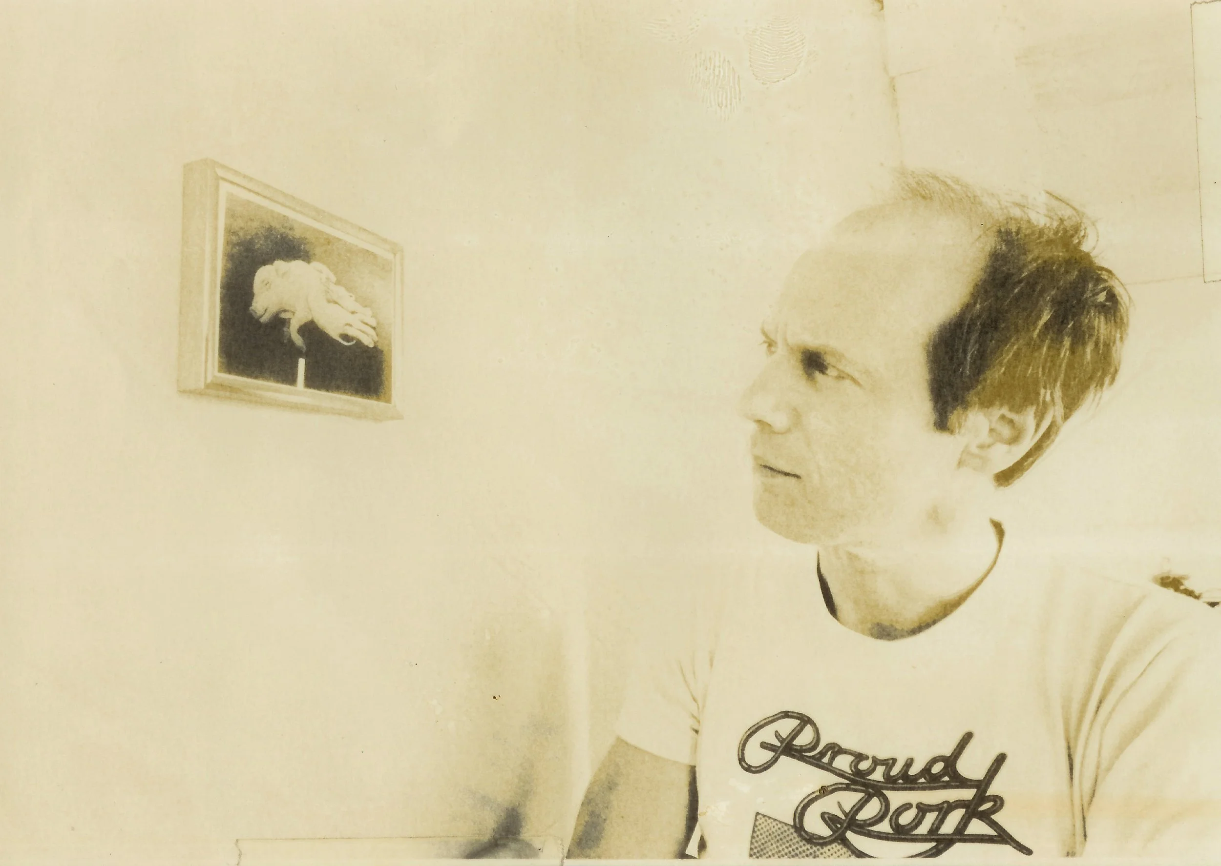 Ron contemplates pork, early seventies, pig pen, Bernal, San Francisco, CA