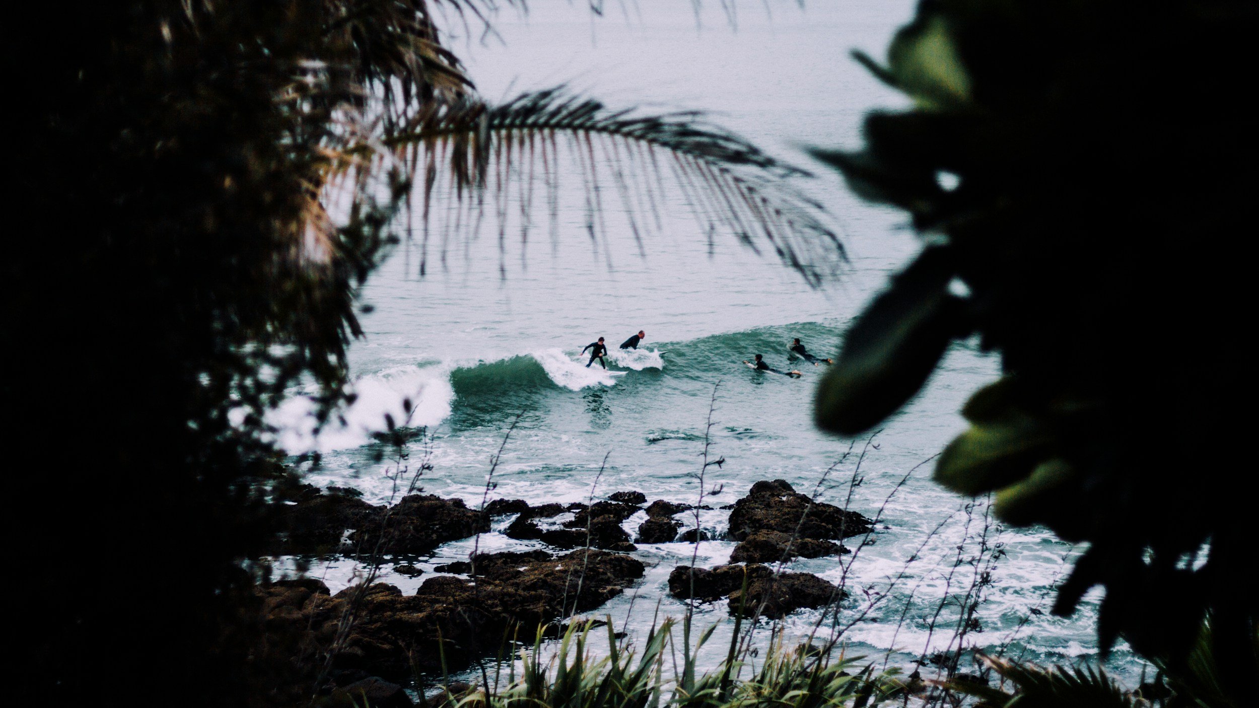 Surfboarders riding waves in the ocean, viewed through a natural frame of rocks and foliage.