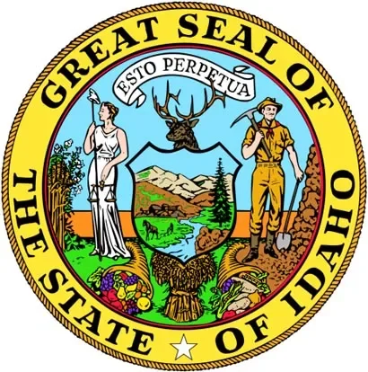 Seal of the State of Ohio featuring a woman in a white dress, a man in yellow with tools, a deer, mountains, green fields, a steamboat, and various agricultural symbols, with a blue sky and the Latin motto 'ESTO PERPETUA' at the top.