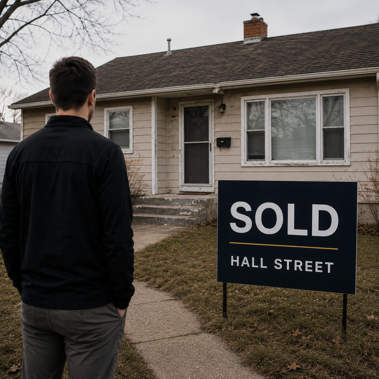 Homeowner viewing a Spokane house with a Hall Street sold sign after completing a cash home sale.