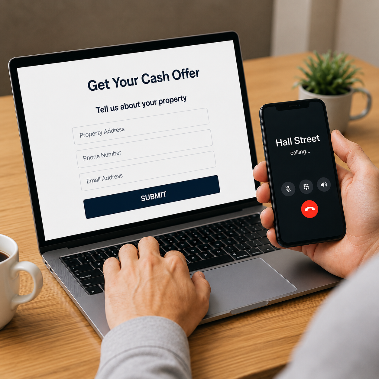 Homeowner filling out an online cash offer form while calling Hall Street about selling a house in Spokane, WA.