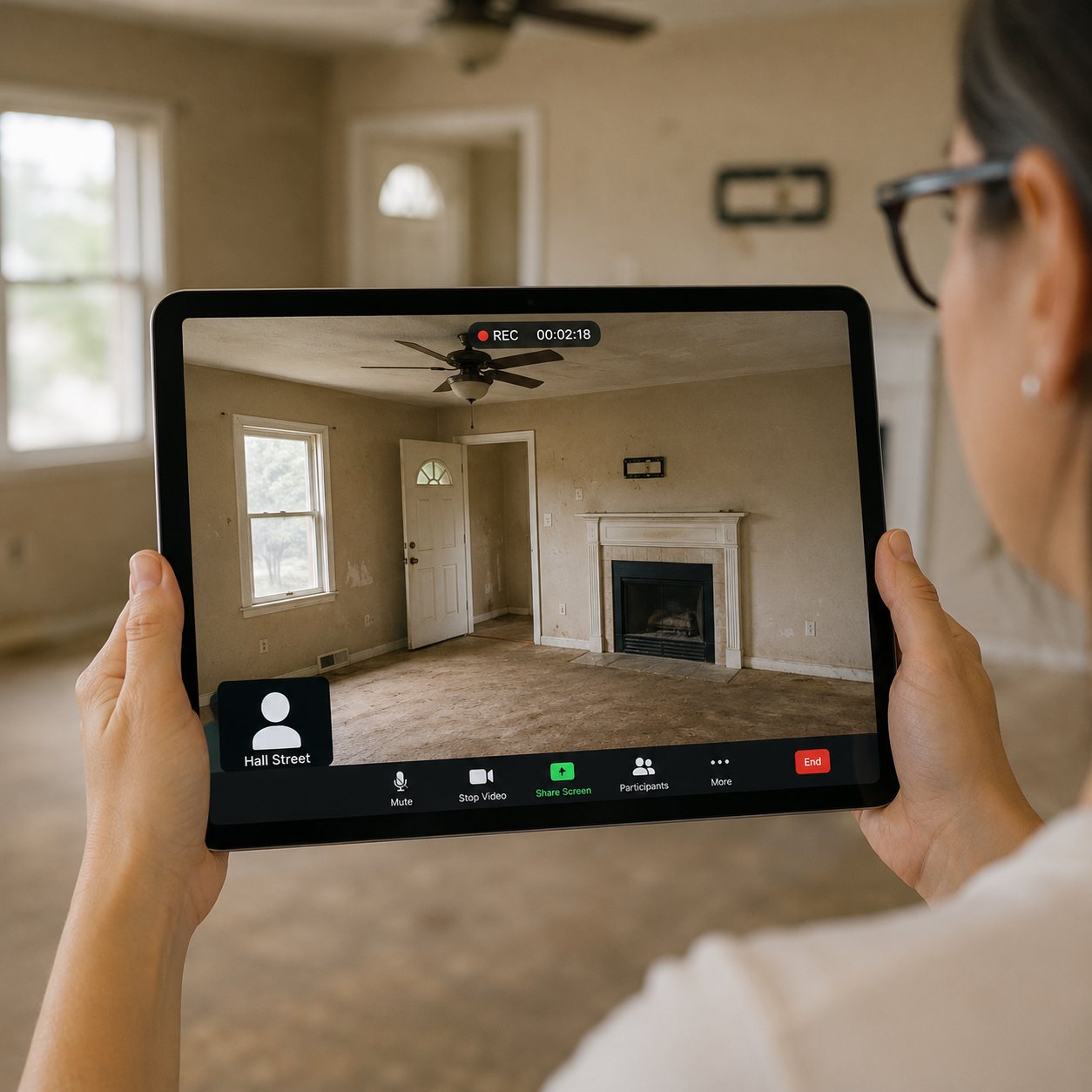Homeowner showing a Spokane house during a virtual property walkthrough with Hall Street before receiving a cash offer.