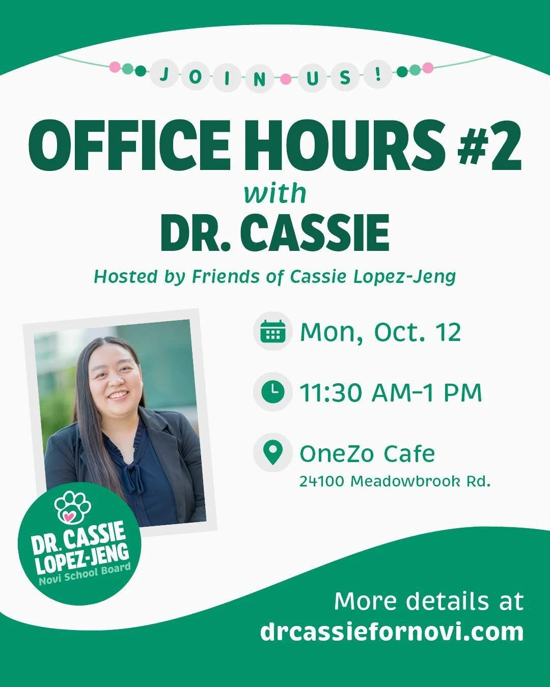 Announcing my next meet &amp; greet! Come to another &ldquo;Office Hours&rdquo; session on Monday at OneZo Cafe. Please stop by anytime between 11:30am and 1pm. I&rsquo;m looking forward to hearing your thoughts and concerns, answering any questions,