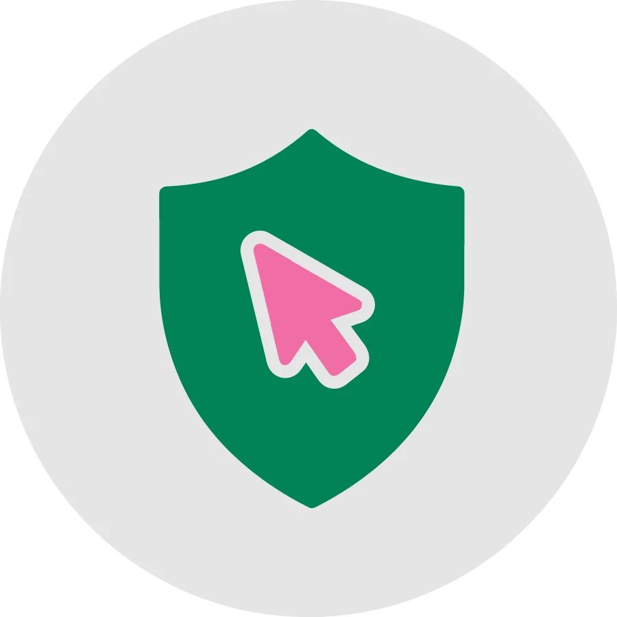 Green shield with a pink digital cursor icon
