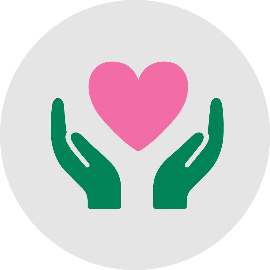 Two green hands holding a pink heart icon