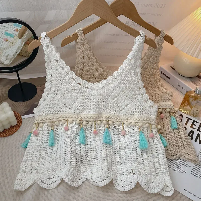 Vintage Fringe Hollow-Out Sleeveless Knit Top - Med