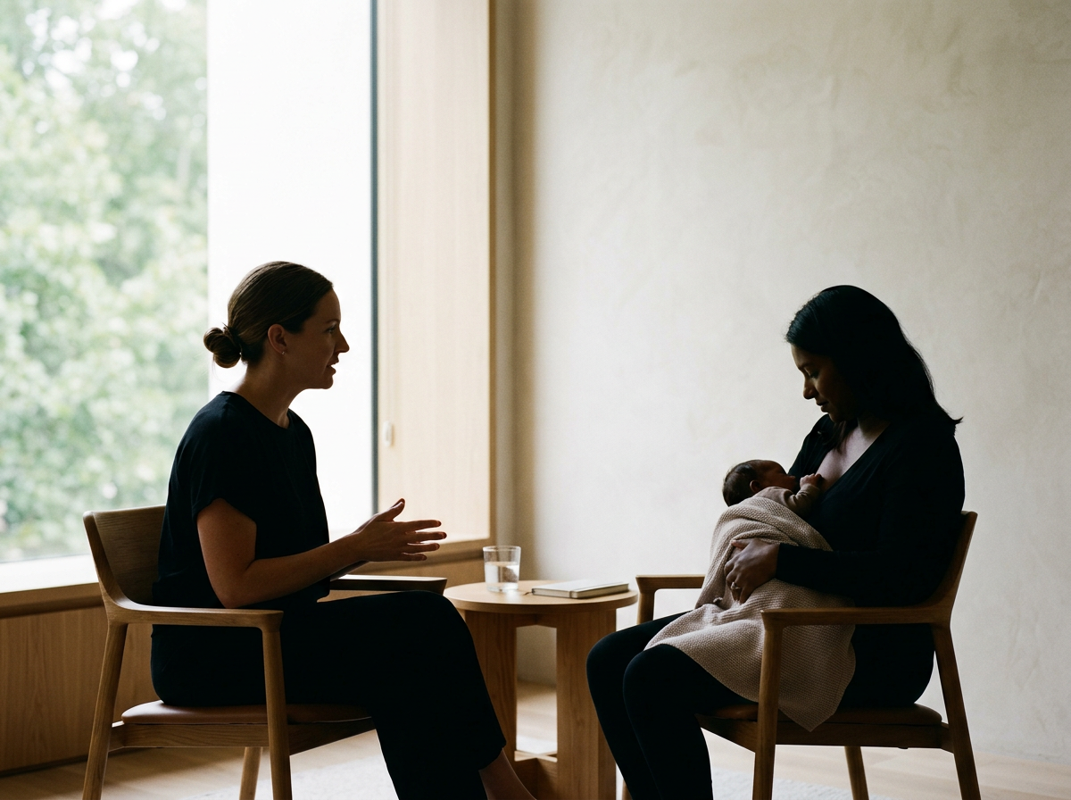 new mother holding baby receiving counseling
