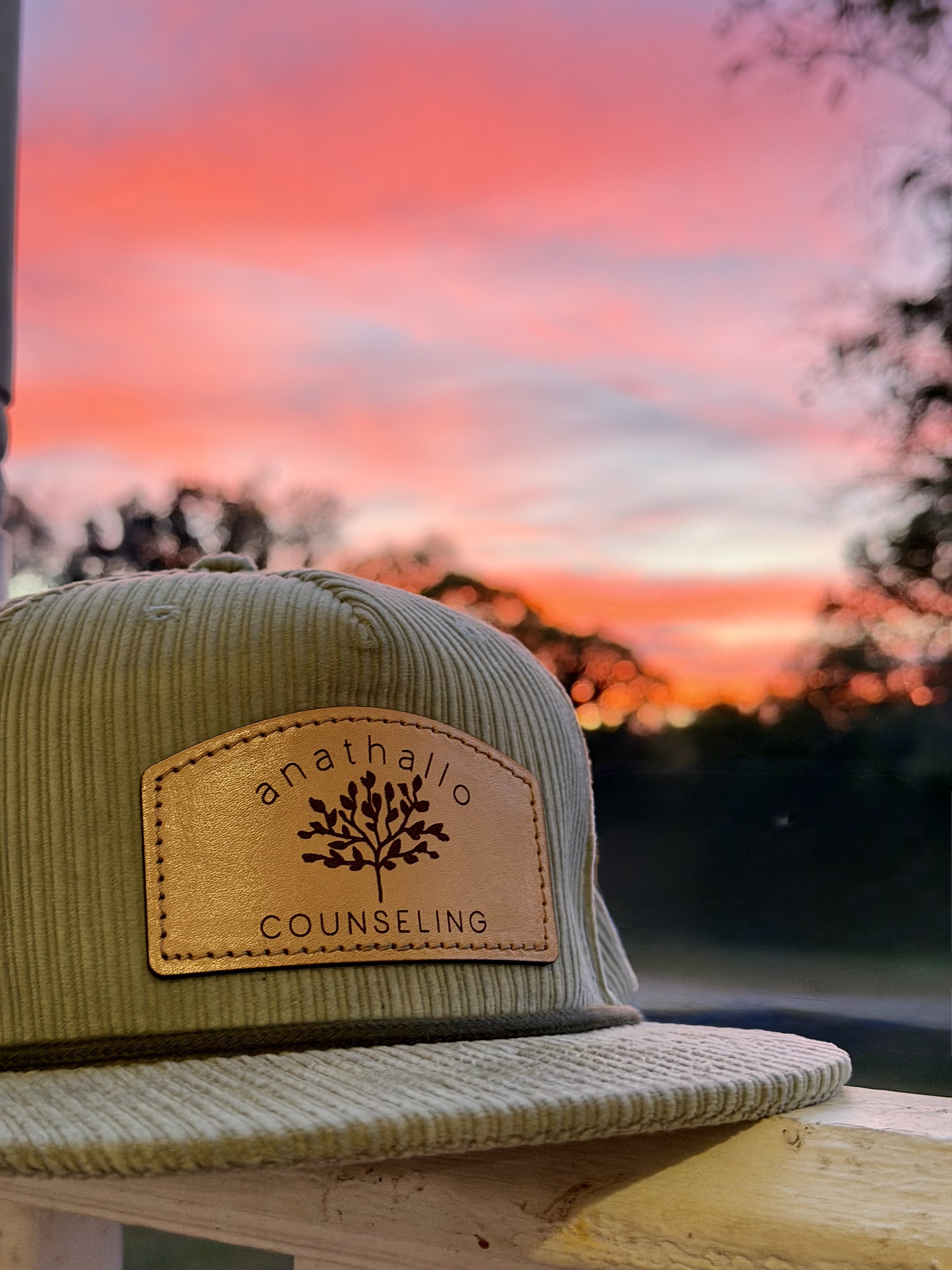 Wooden counseling sign with a tree logo on a corduroy armchair, set against a pink sunset sky and blurred city lights.