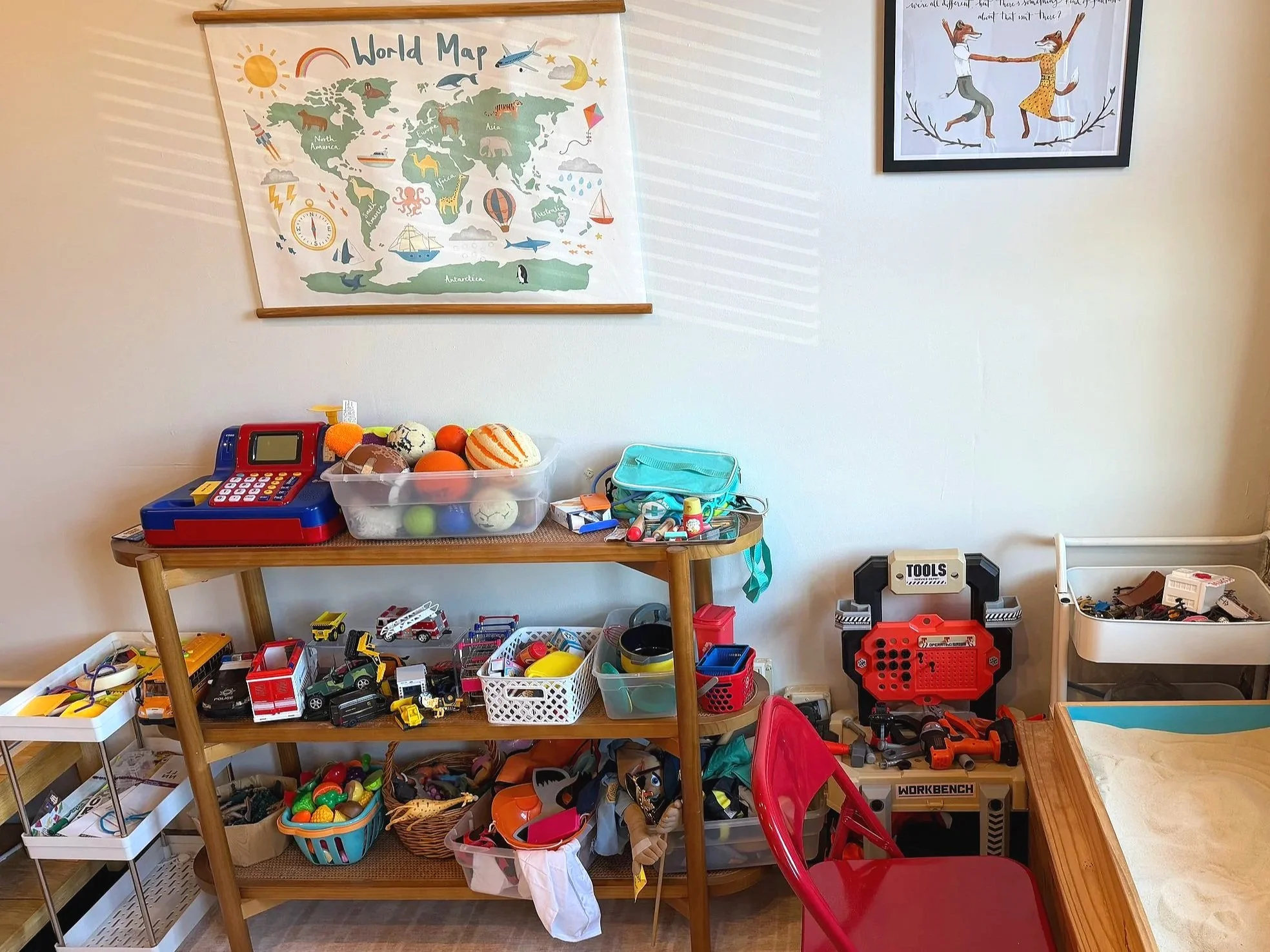 A playroom full of toys for children to explore their world and process emotional, psychological, and spiritual content in the course of Play Therapy.