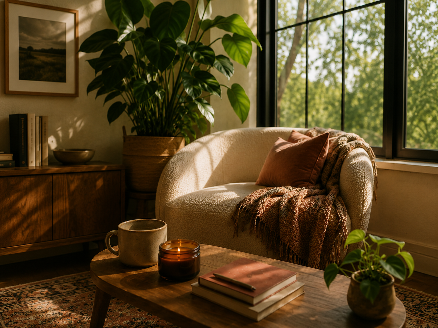 Green bookshelf with natural decor in counseling office