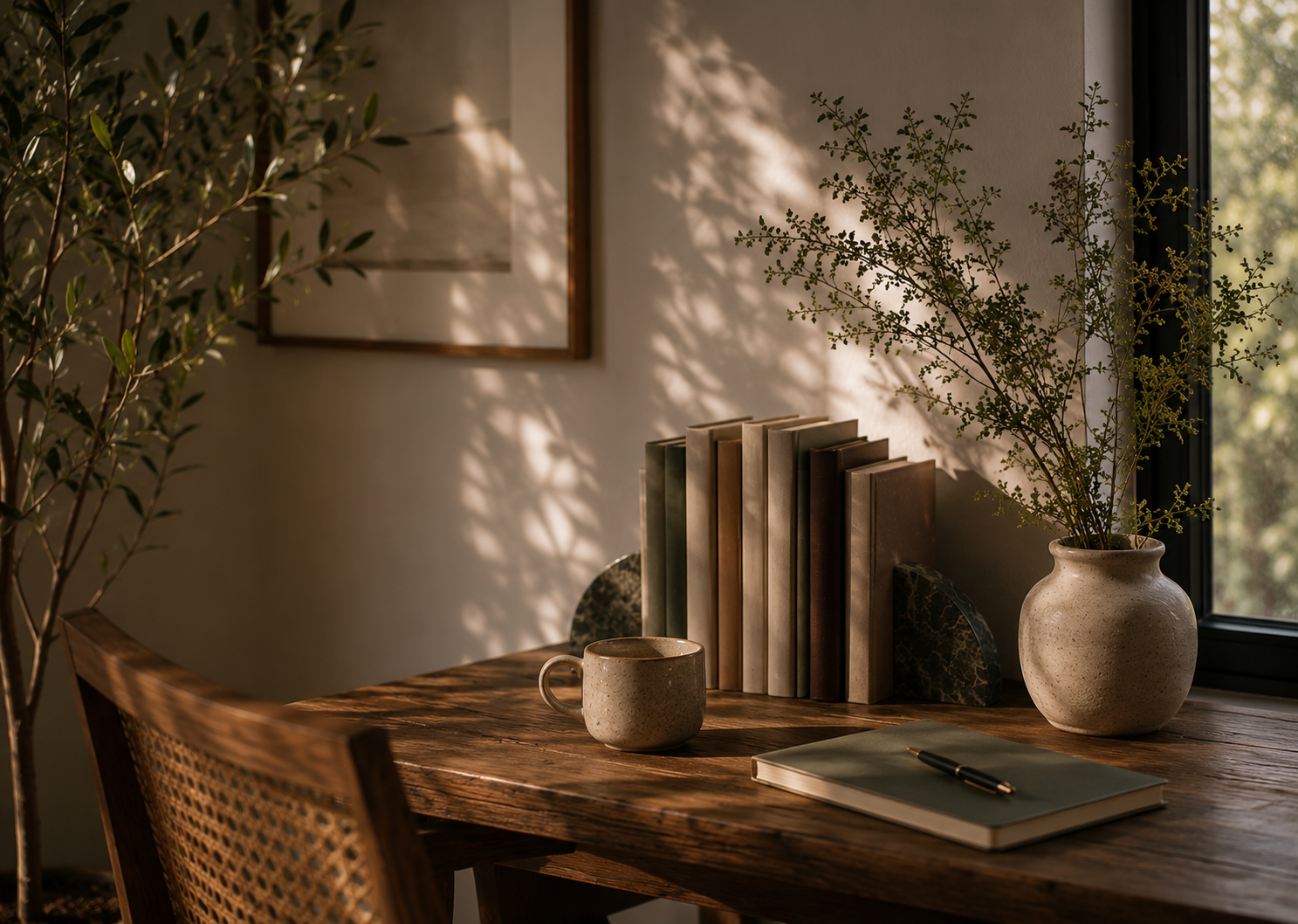 Warm coffee and journal representing slowing down and reflection