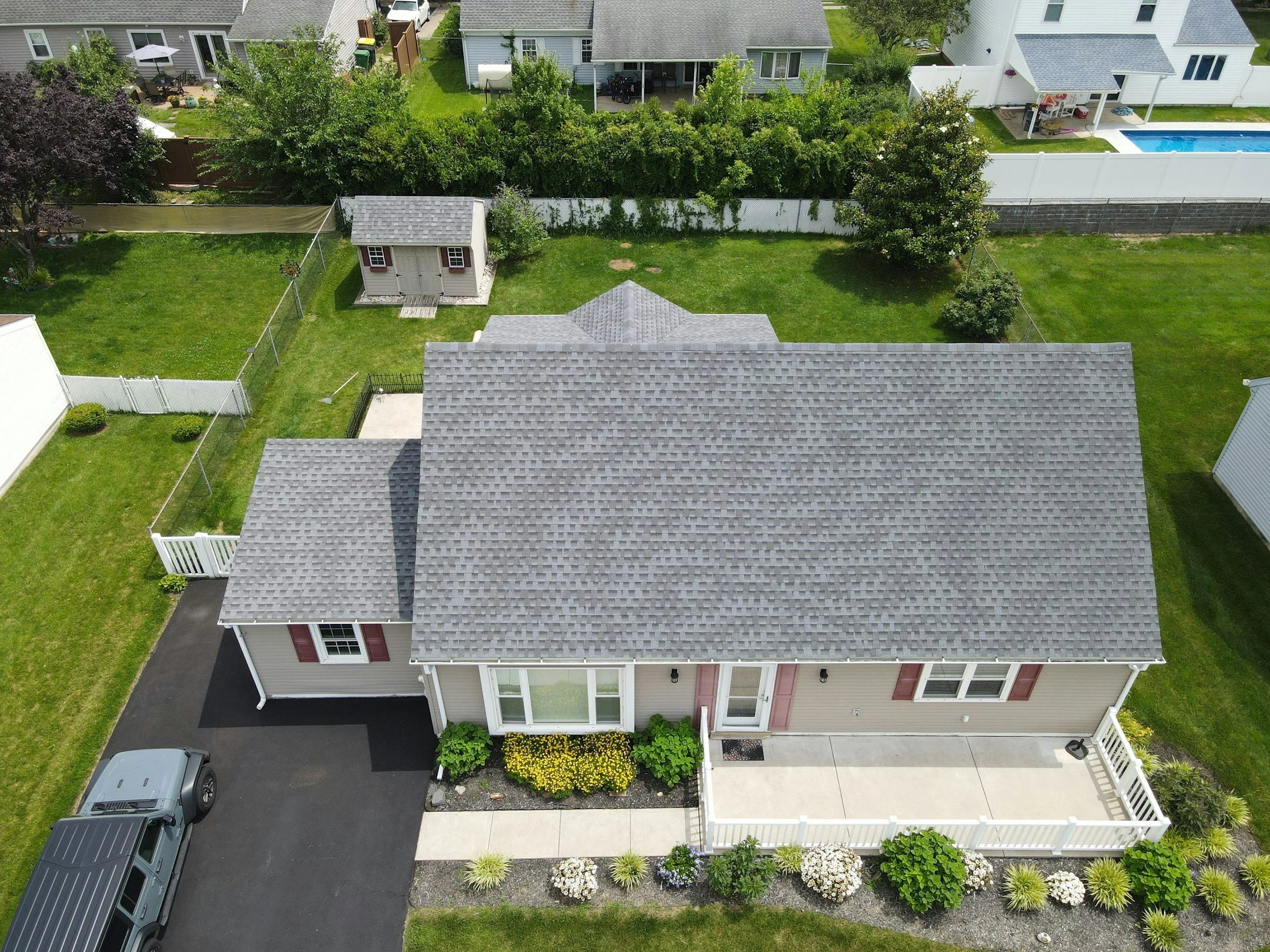 Gray asphalt shingle roof on a residential home