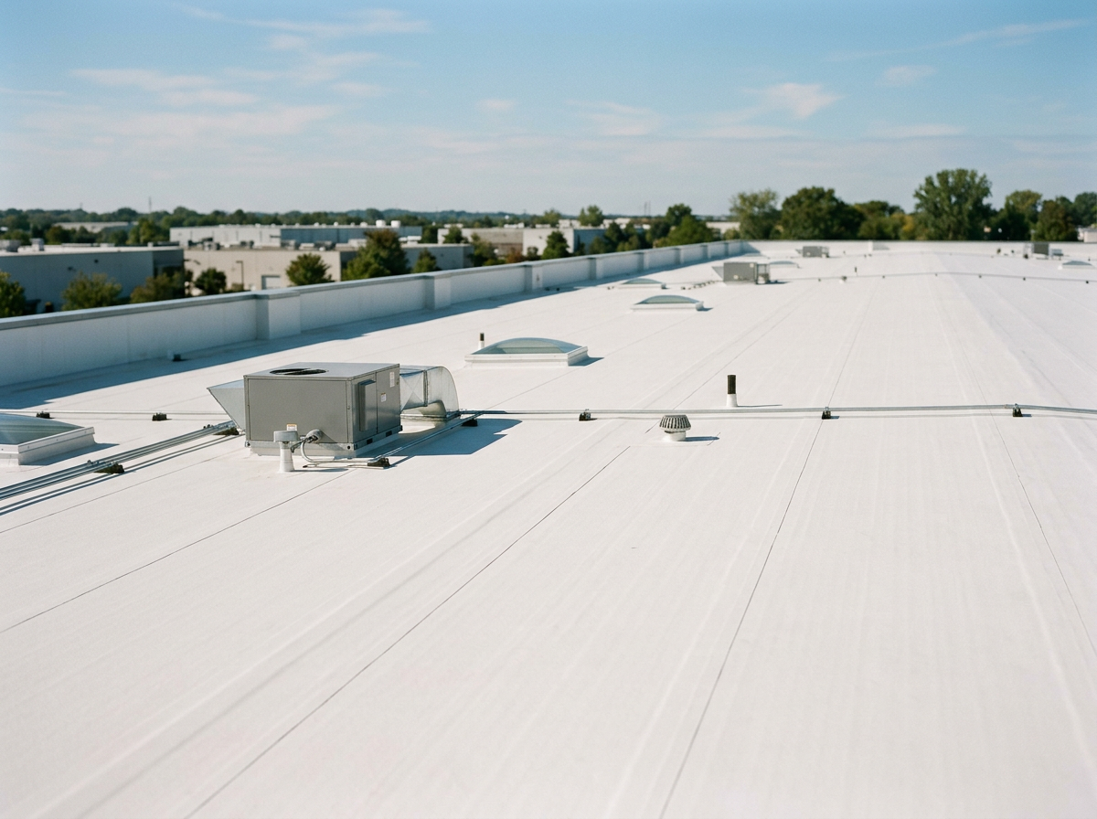 Flat commercial roof with HVAC units, vents, and skylights