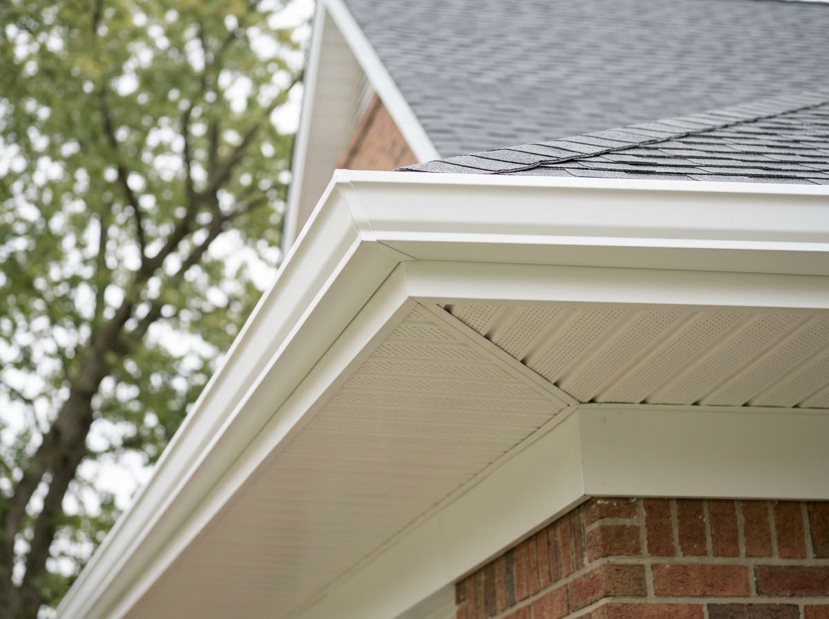 White soffit and fascia along a residential roofline