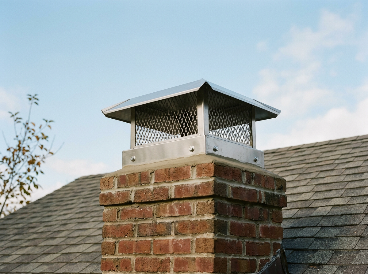Chimney with a metal vent cap on the roof of a house