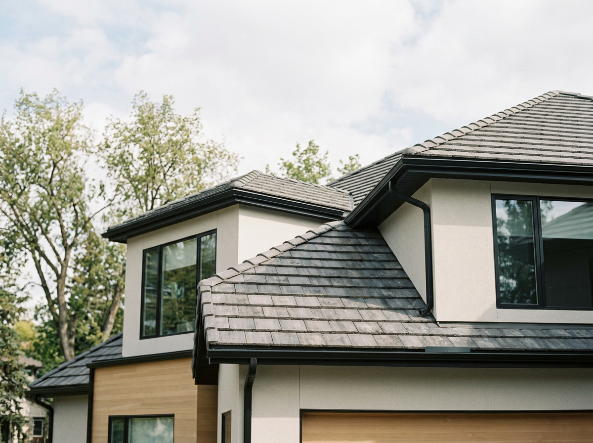Completed exterior home with tile roof