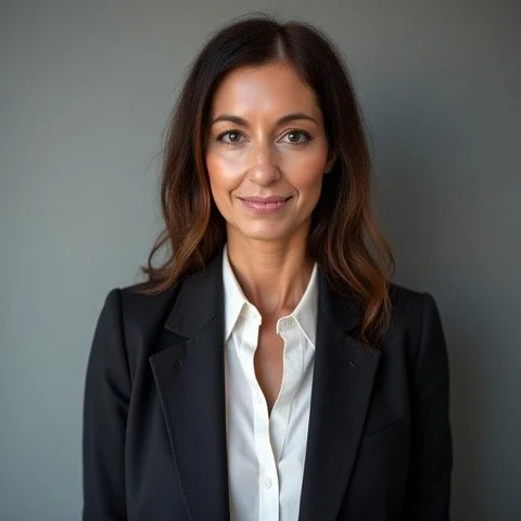 A professional woman with shoulder-length dark brown hair, wearing a black blazer and white shirt, smiling slightly against a plain gray background.