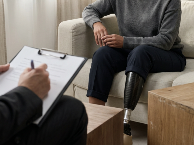 Person with a prosthetic leg participating in a disability benefits consultation with an advisor.
