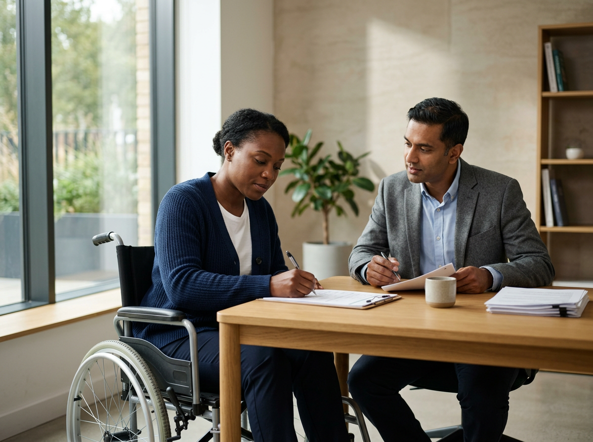 A woman in a wheelchair and a man sitting at a desk, both writing notes during an indoor meeting.