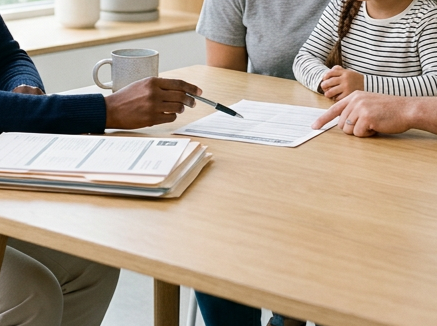 Three Individuals reviewing disability benefits paperwork during a consultation.