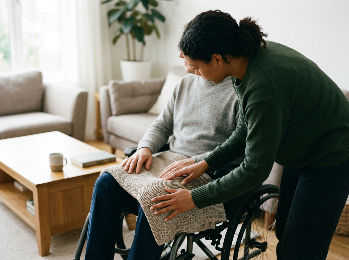 A caregiver helping a person in a wheelchair with a knee brace in a living room.