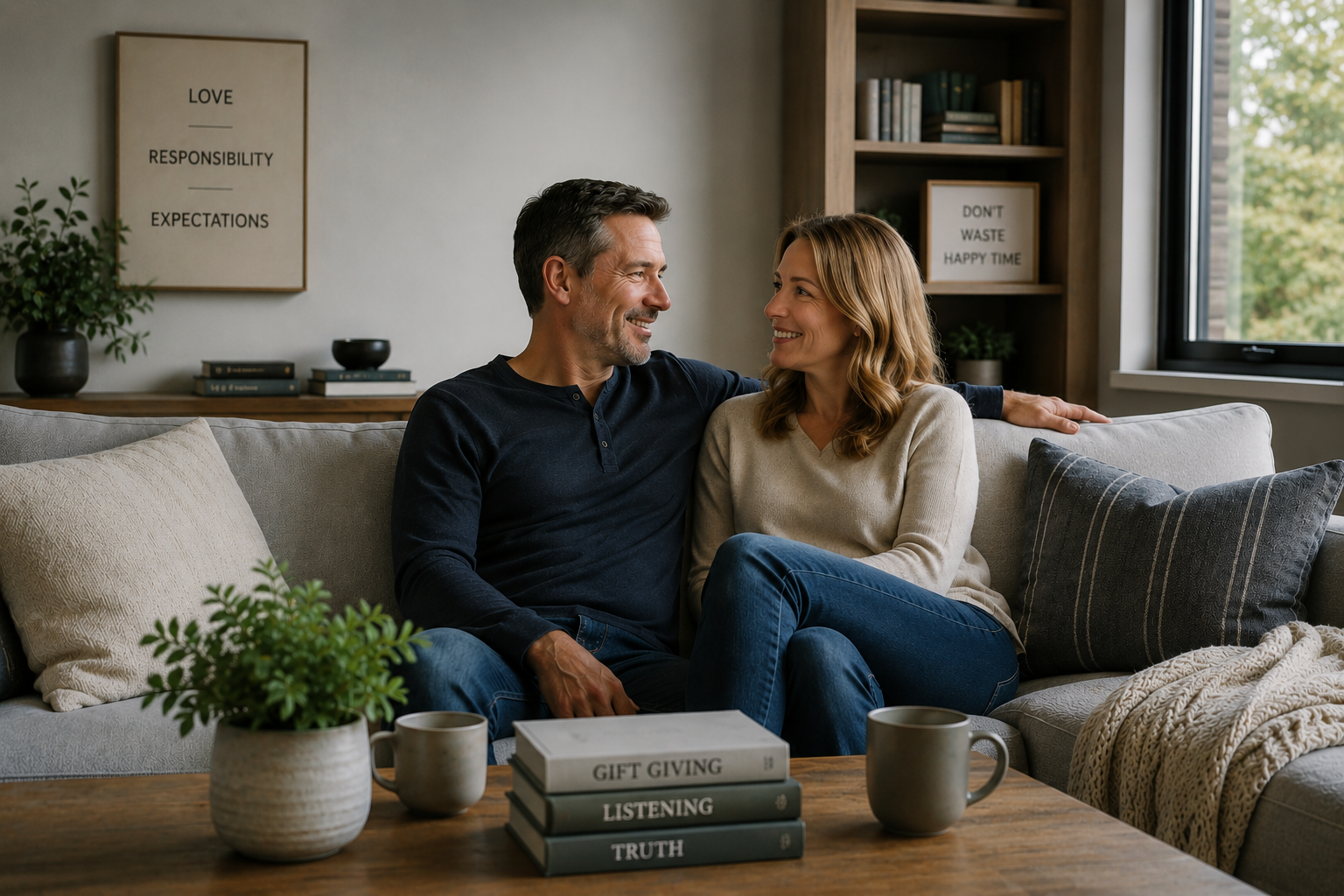 happy couple sitting on couch having been trained in love responsibility expectations gift giving listening and truth