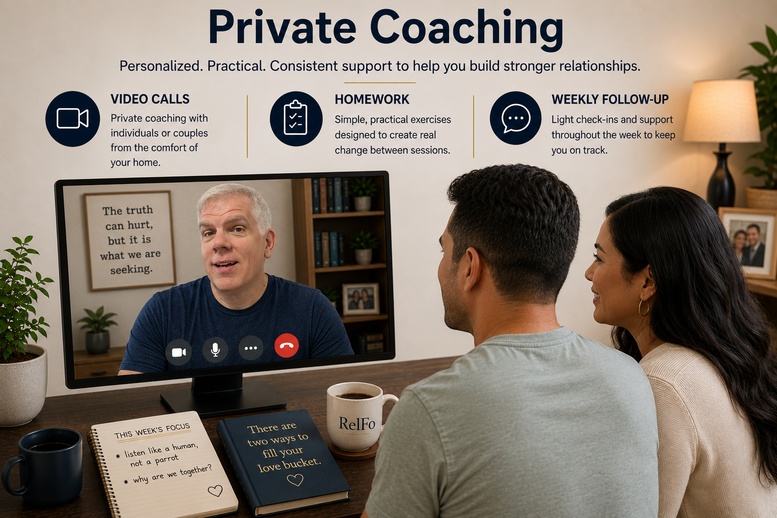 Two people sitting at a desk watching a video call with a man on the computer screen, surrounded by plants, books, and framed photos, with a sign on the wall about coaching benefits and notes on the desk.