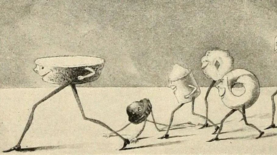 An old black and white illustration reproduced from a print publication of a cartoon coffee cup and breakfast pastries walking to the left on spindly legs with little shoes. It looks like a muffin has taken a fall or tripped.