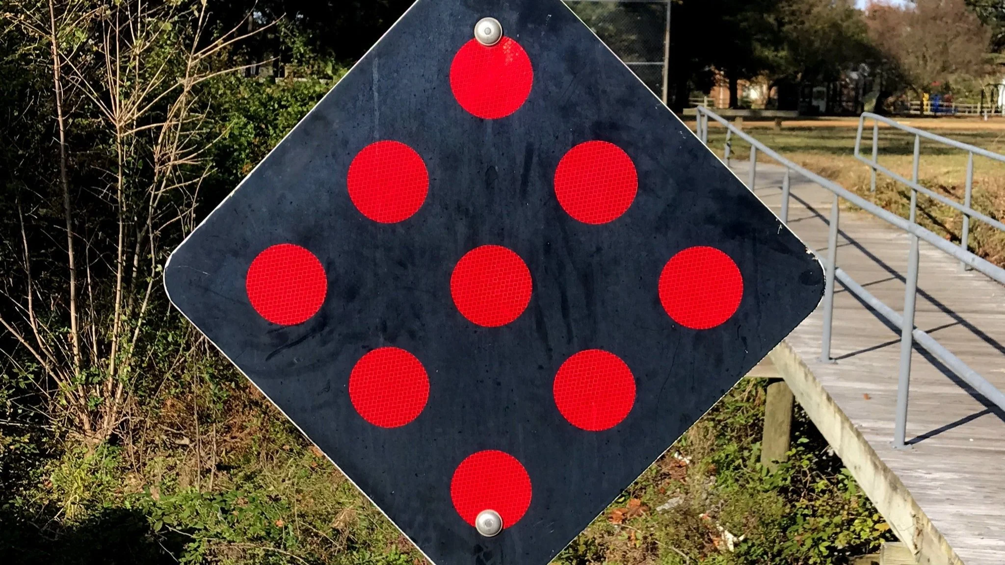 A diamond shaped black sign with 9 reflective red circles in a park
