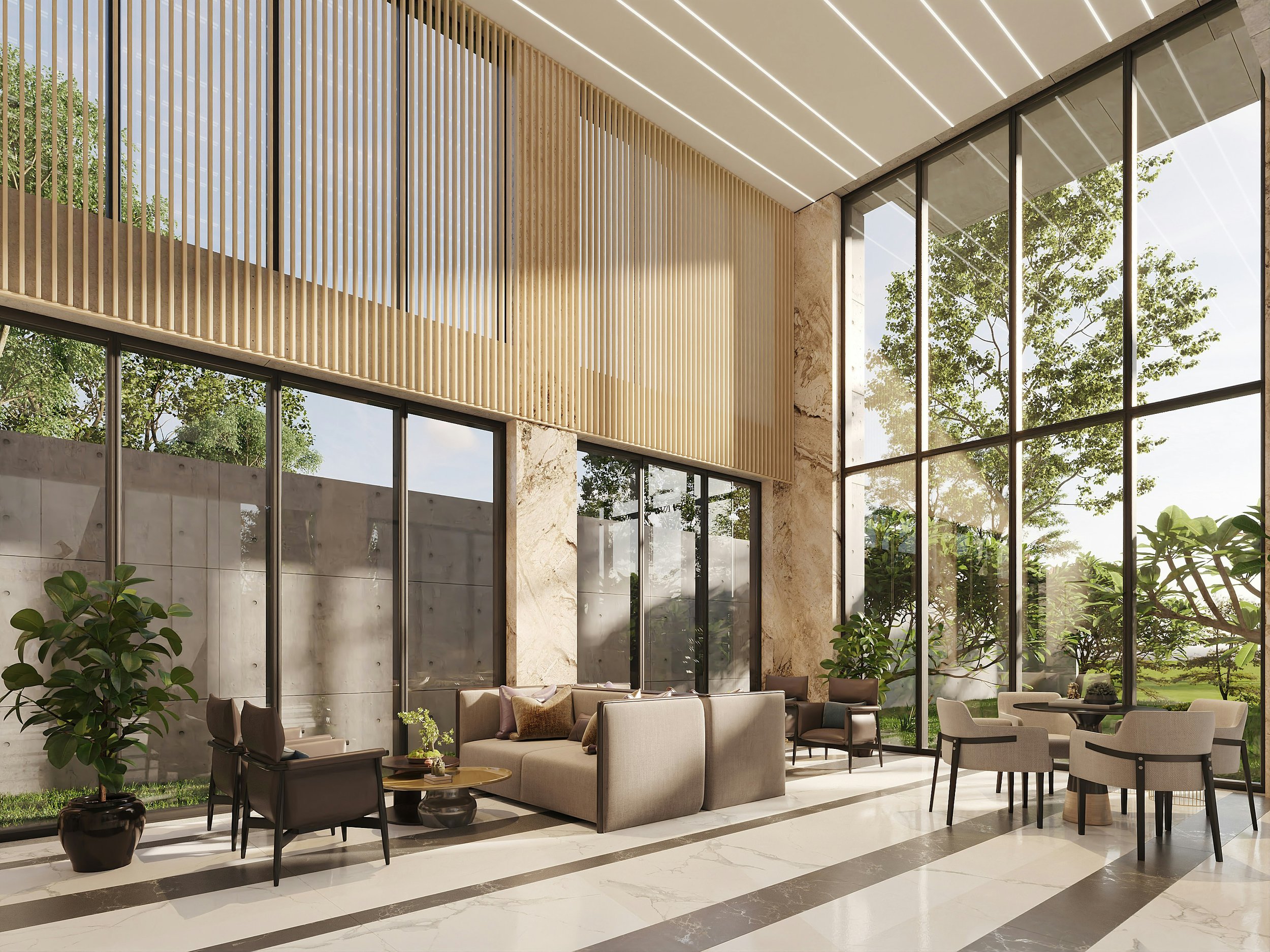Light-filled interior with timber ceiling and glass walls, reflecting Astro Property Management's premium commercial and residential spaces