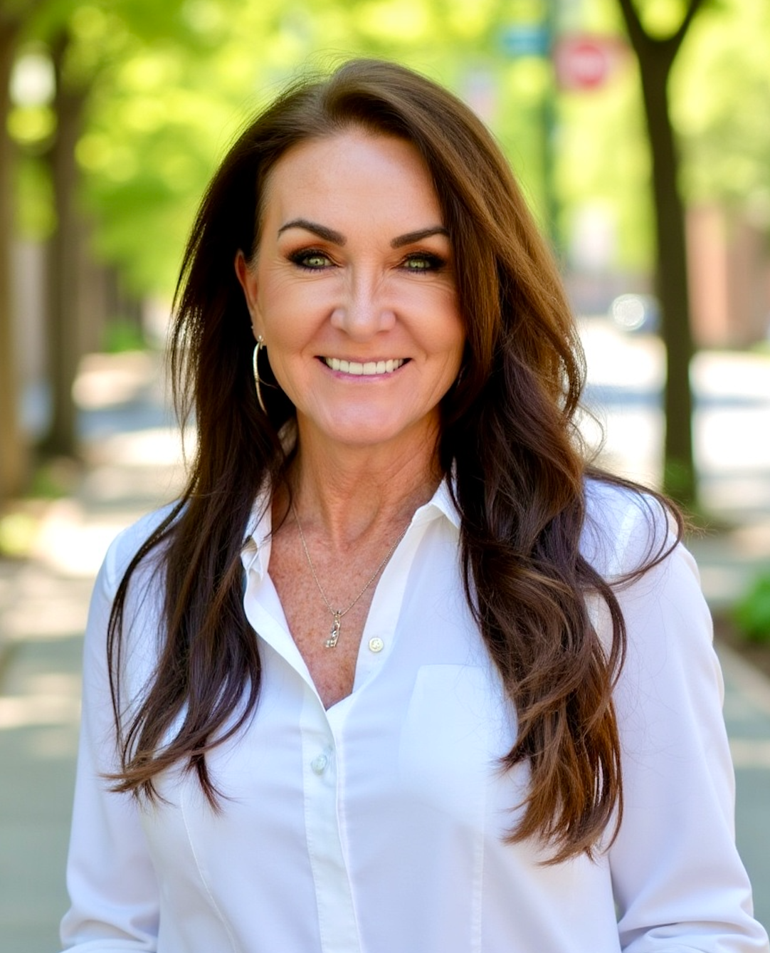A smiling woman with long brown hair wearing a white shirt standing outdoors with trees in the background.