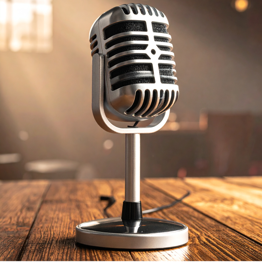 A vintage-style microphone on a wooden table in a dimly lit room.