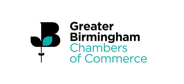 Logo of Greater Birmingham Chambers of Commerce with a stylized black B and a teal leaf shape.