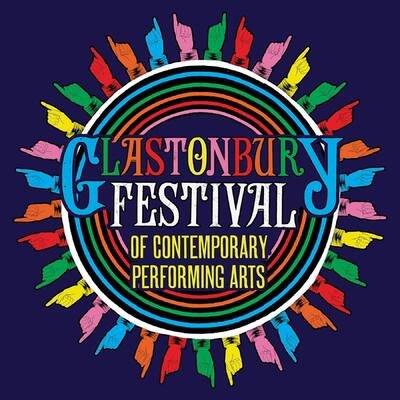 Colorful circular logo for the Glastonbury Festival of Contemporary Performing Arts with silhouettes of people around the circle.