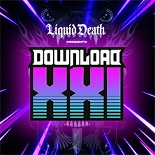 Promotional graphic for Liquid Death presenting Download XXL with neon purple and blue accents.
