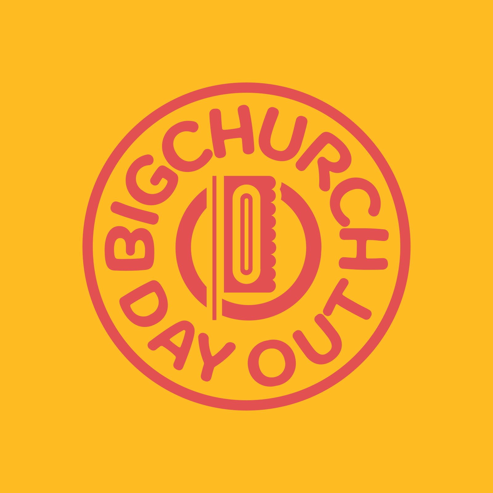 Close-up of a circular logo with red text that says 'Big Churro' on a yellow background.
