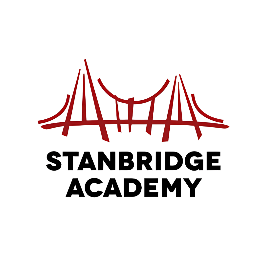 A logo featuring a stylized red bridge with the words 'STANFORD' and 'ACADEMY' underneath, with a yellow line and a small yellow square on the right side.