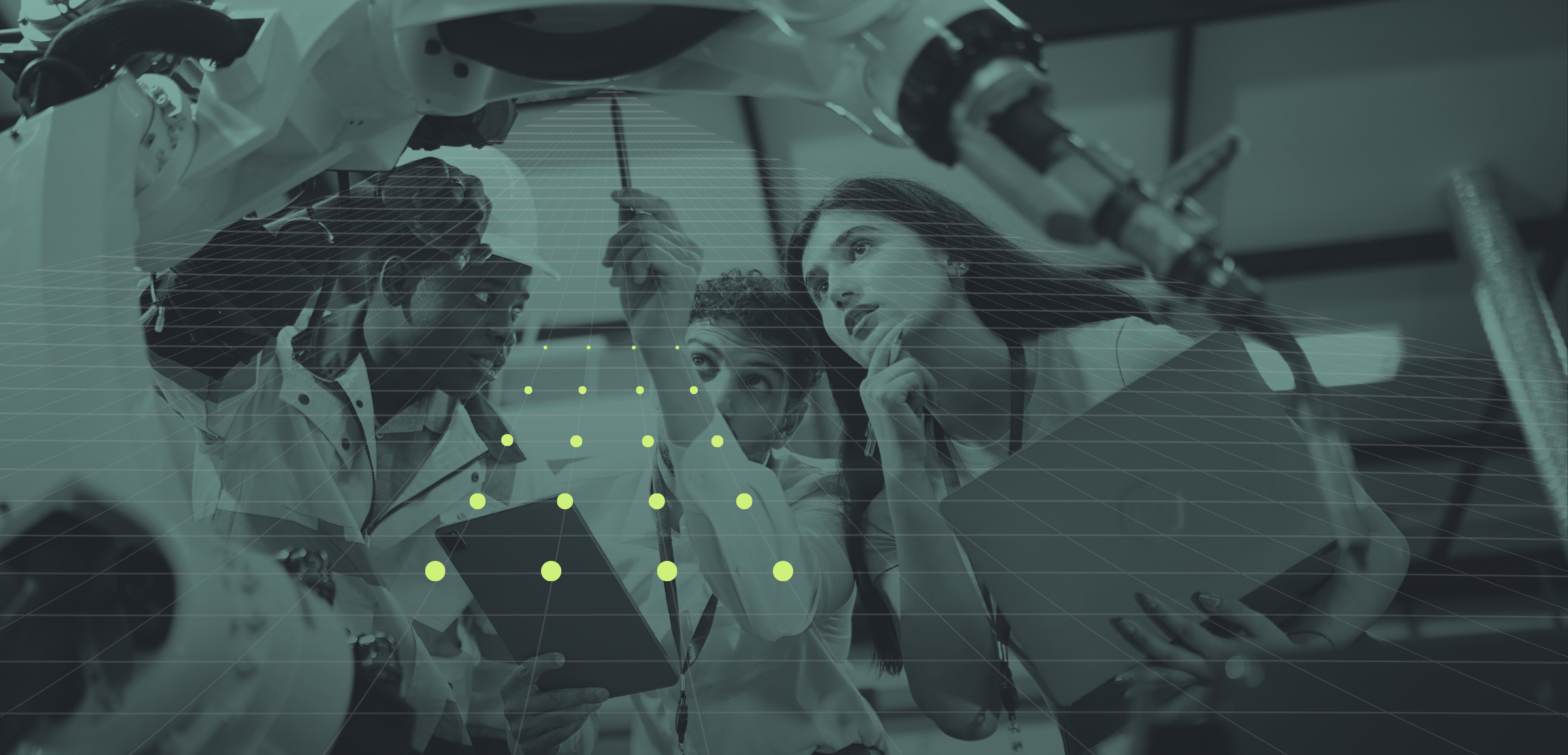 A group of young scientists or engineers in laboratory coats gathered around a microscype, with a woman pointing and explaining, while the others listen and take notes; digital overlay of data points and grid pattern suggestive of advanced technology or scientific analysis.