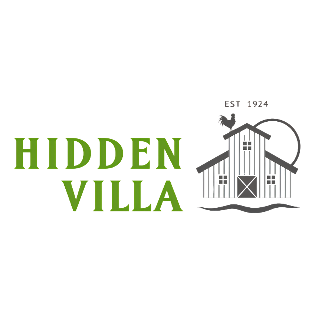 Logo with the text 'Hidden in Villa' in green and black, featuring a barn with a rooster on top and a circular shape in the background.
