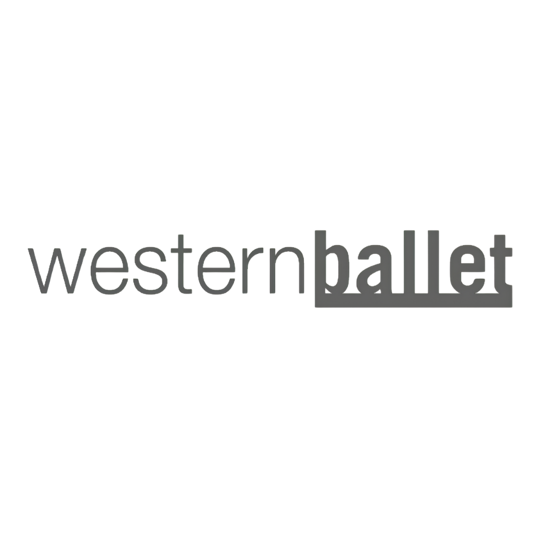 Logo for Western Ballet with a stylized ballet dancer silhouette in pink and purple above the text.