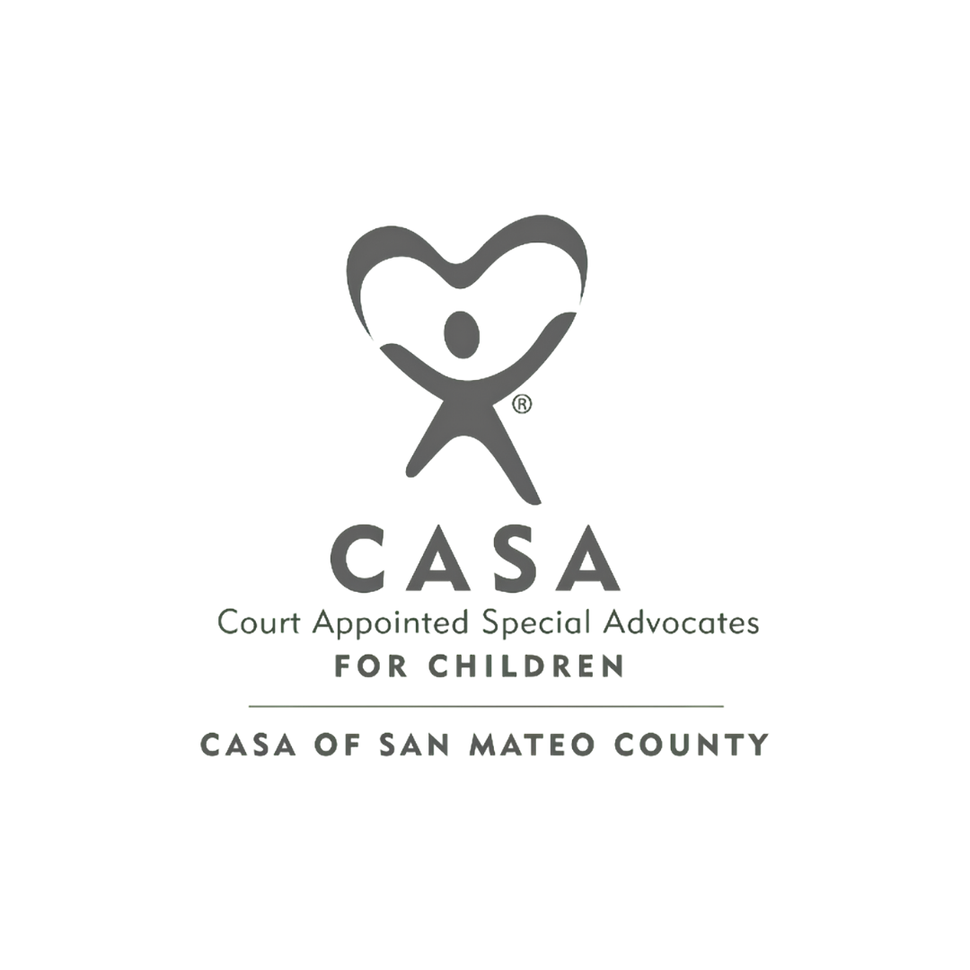 Logo of CASA, which includes a stylized figure holding a heart-shaped symbol, with the text 'CASA' and 'Court Appointed Special Advocates for Children, CASA of San Mateo County' underneath.