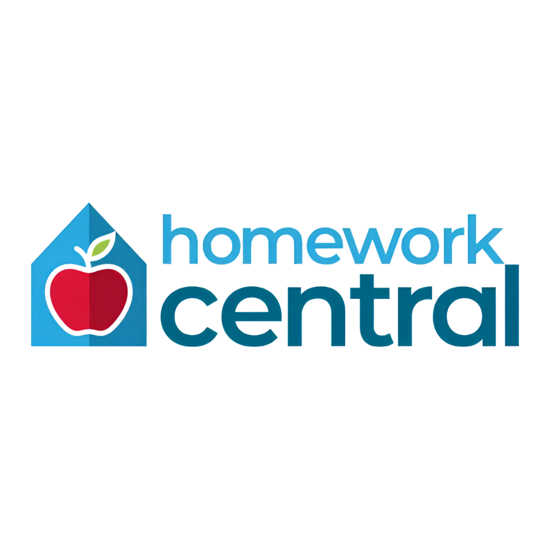 Logo for homework central with a blue house icon containing a red apple with a green leaf, and the text 'homework central' in blue.