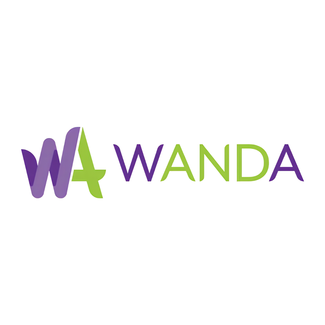Colorful 3D text spelling 'WANDA' with a purple and green color scheme.