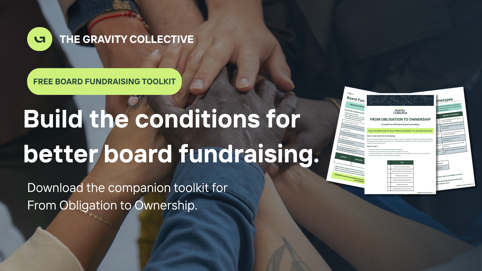 Multiple hands of diverse individuals stacked in unity over a blurred background, with printed materials from a board fundraising toolkit visible to the right.