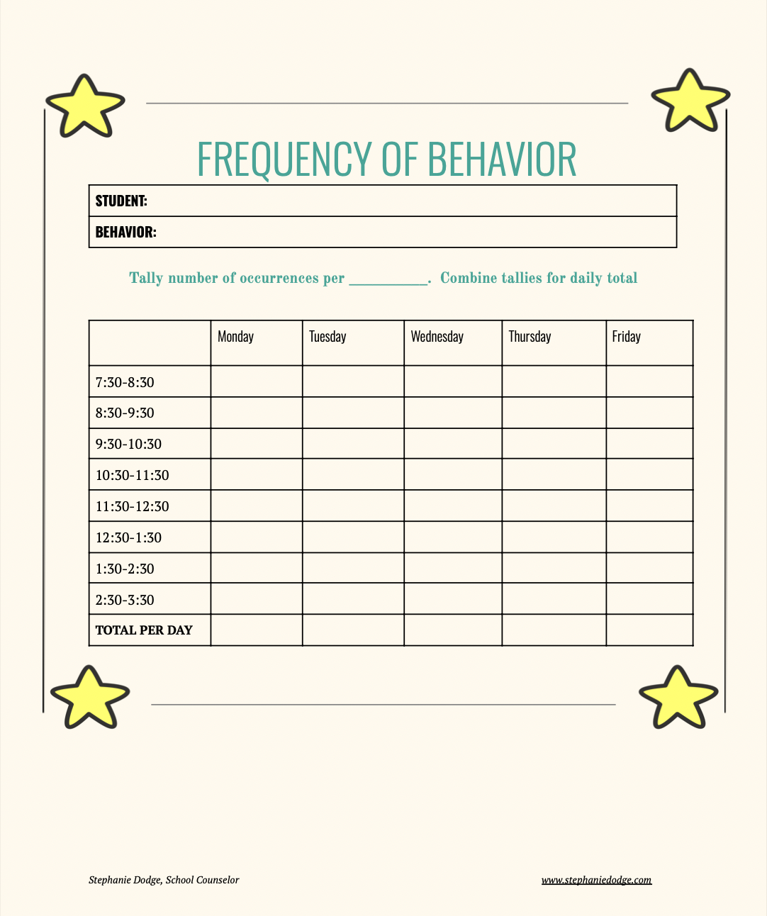 Frequency of Behavior - Data Tracking Sheet (Grades K-8)