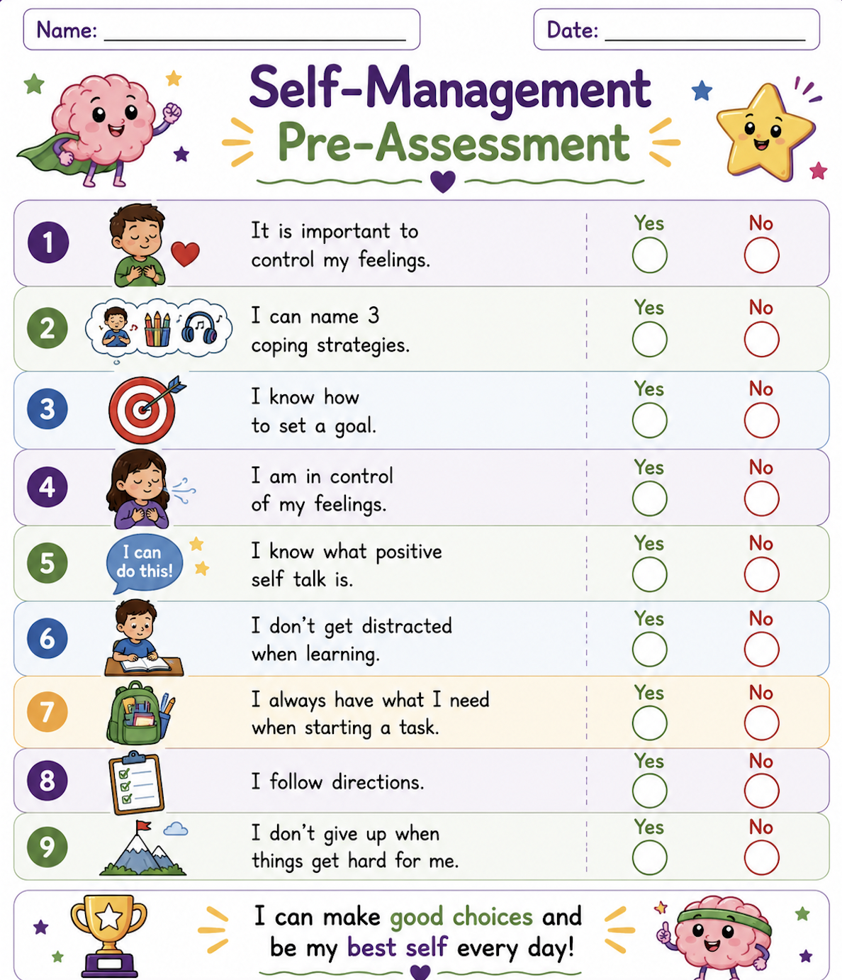Self-Management Pre Assessment Grades K-2